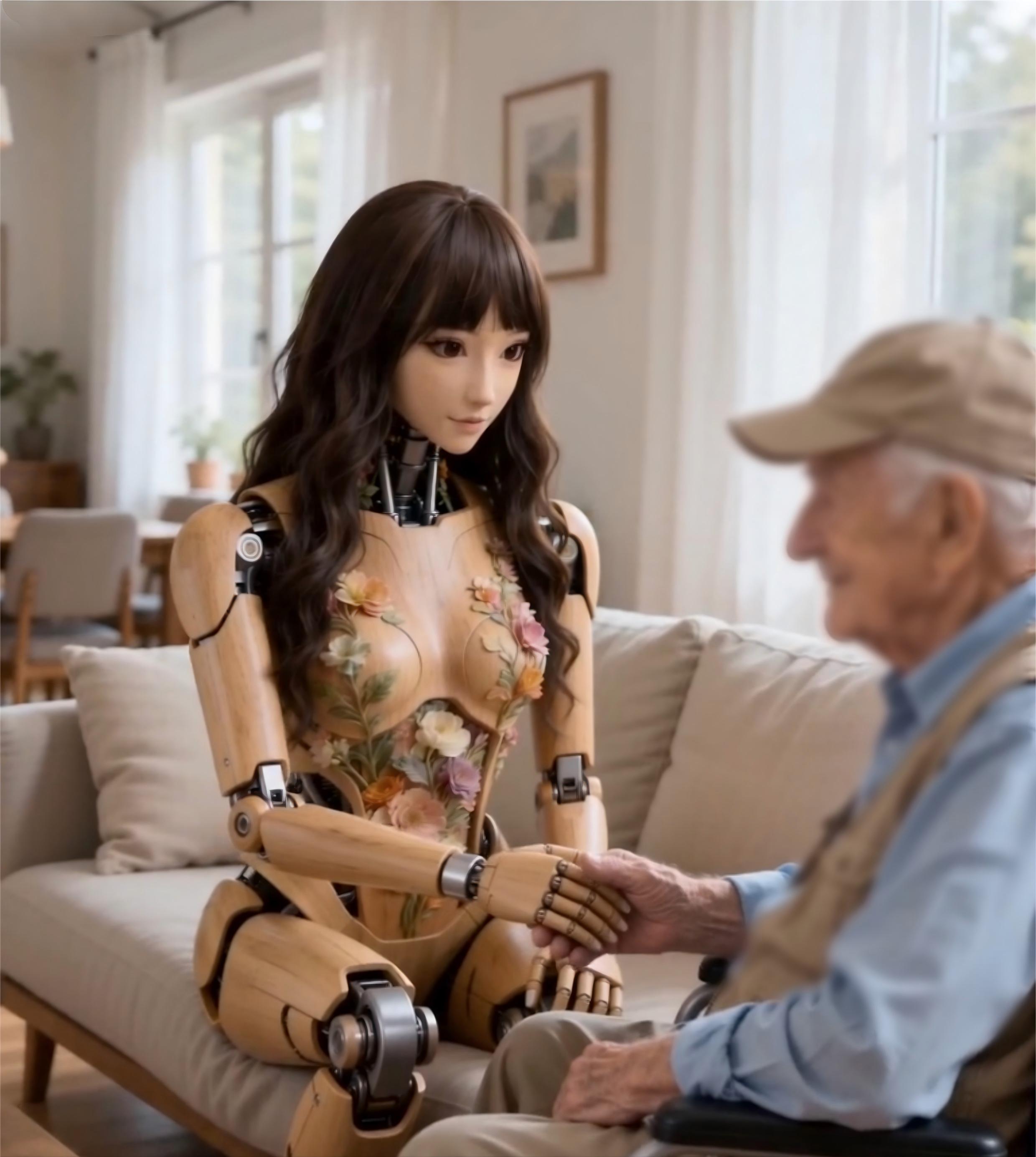 Xluna emotional support robot holding an elderly person's hand — 35.5°C haptic therapy for somatic anxiety relief